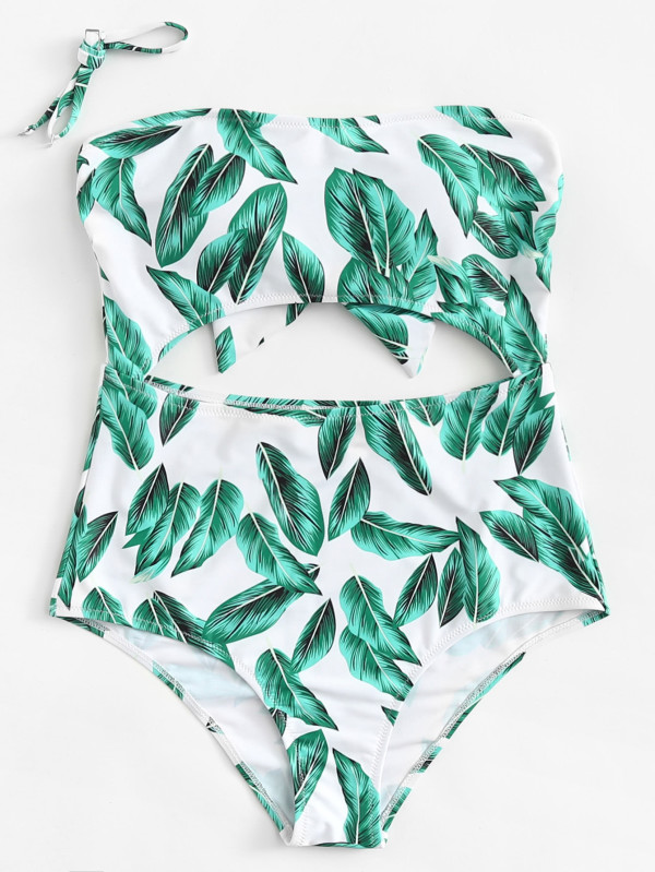 Detachable Straps Cut Out Swimsuit Polyester Bandeau Tropical Multicolor 140