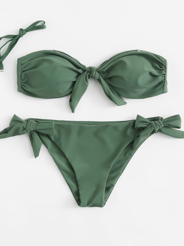 Detachable Straps Knot Bikini Set Polyester Bandeau Plain Green 140